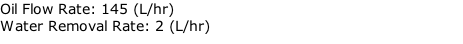 Oil Flow Rate: 145 (L/hr) Water Removal Rate: 2 (L/hr)